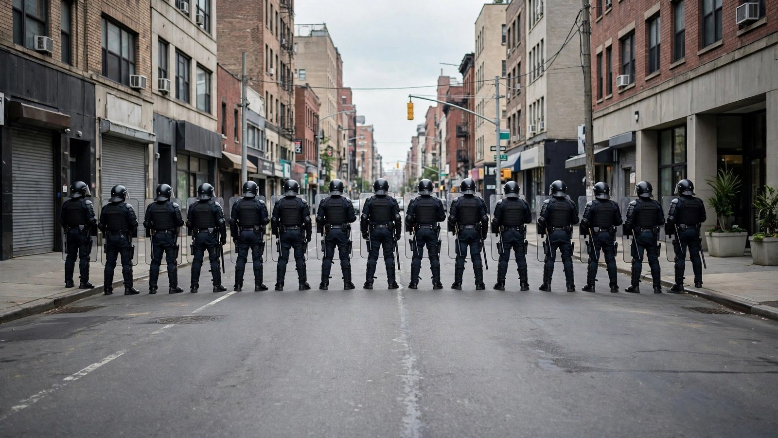 Police officers in riot gear standing in a line across an empty city street.