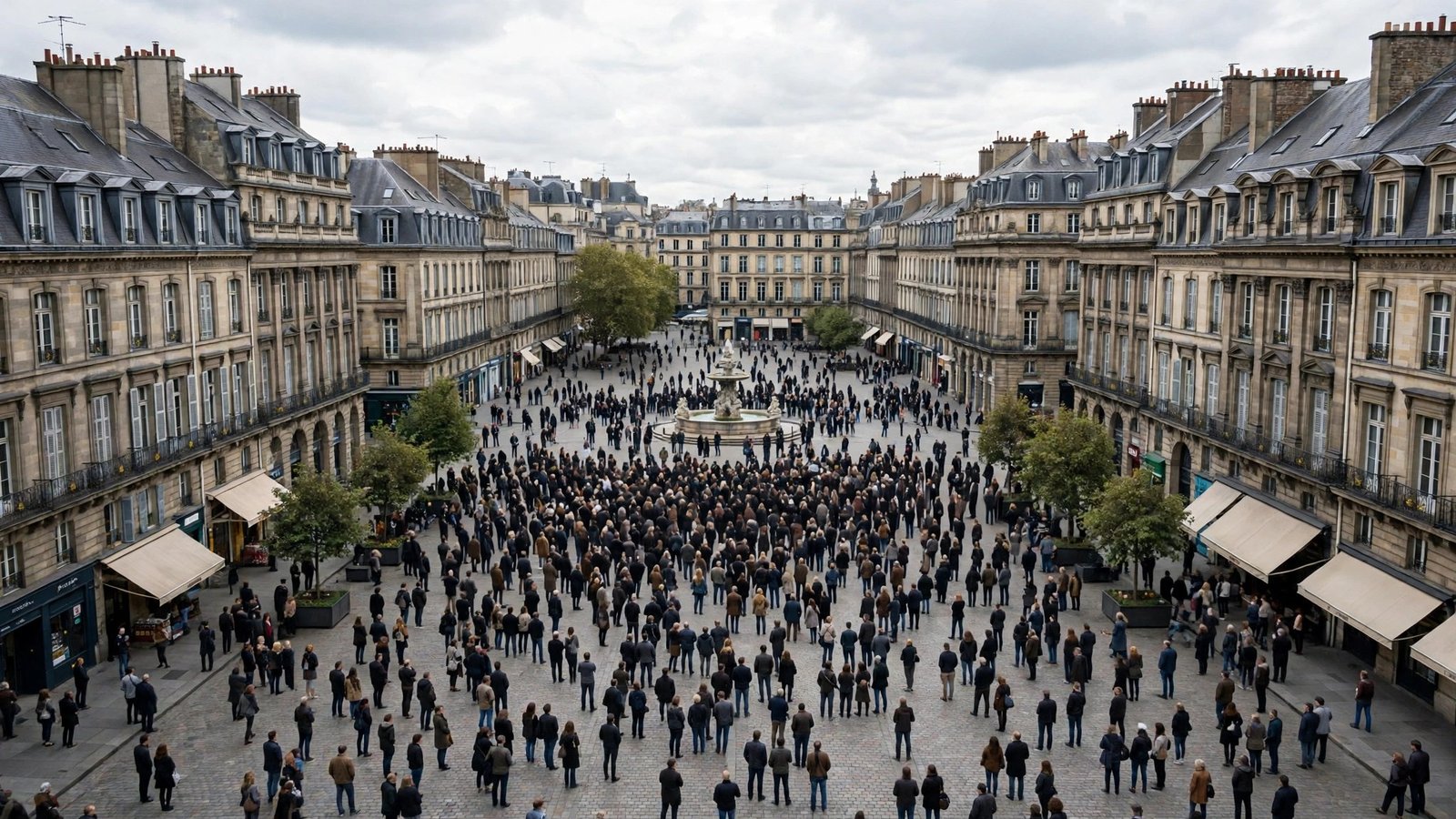A large crowd of people gathered in a paved city square surrounded by stone buildings.