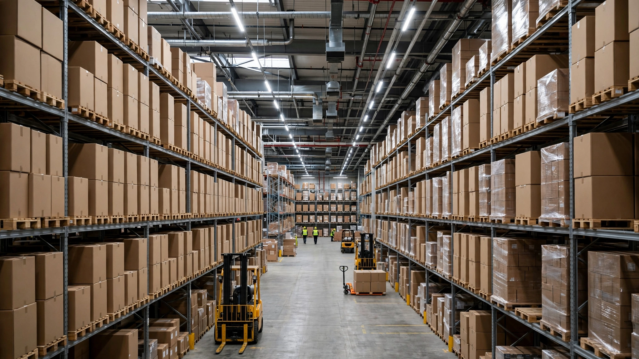 Interior of a large grocery warehouse distribution center with tall shelves of boxes, forklifts and workers in the distance