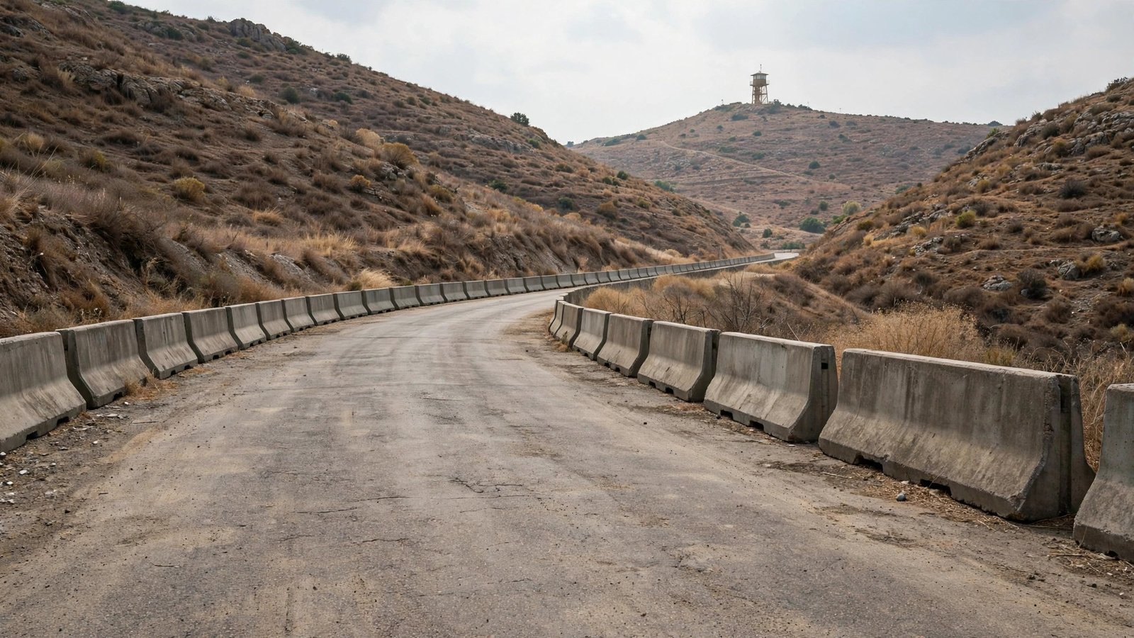 An empty paved road lined with concrete barriers running through dry hills, with a watchtower in the distance.