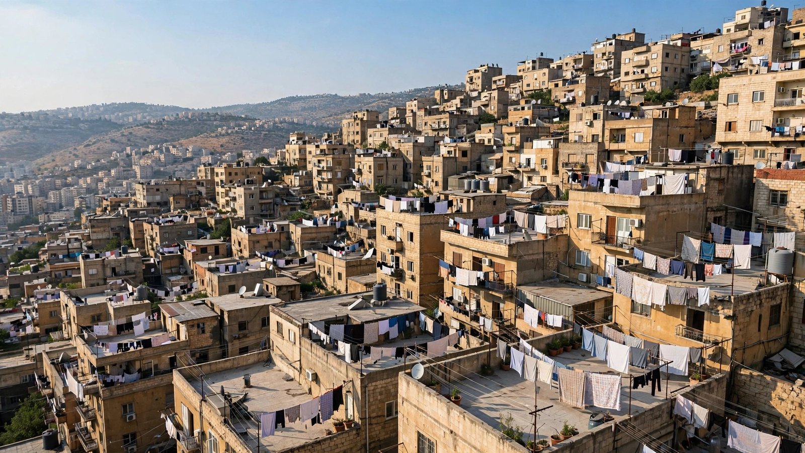 Dense hillside apartment buildings with laundry hanging on rooftop lines in daylight.