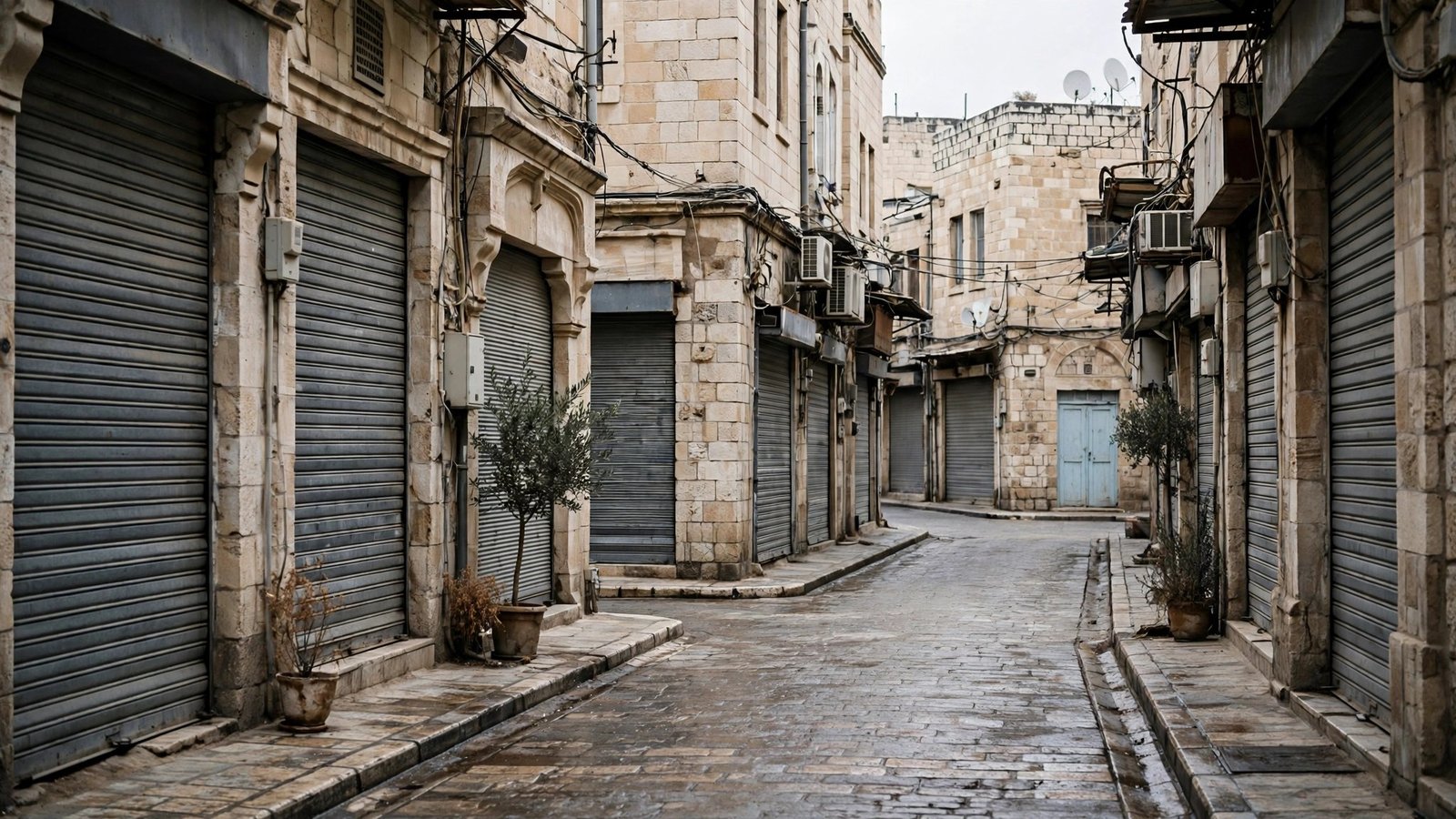 An empty stone street with closed metal shop shutters on both sides.