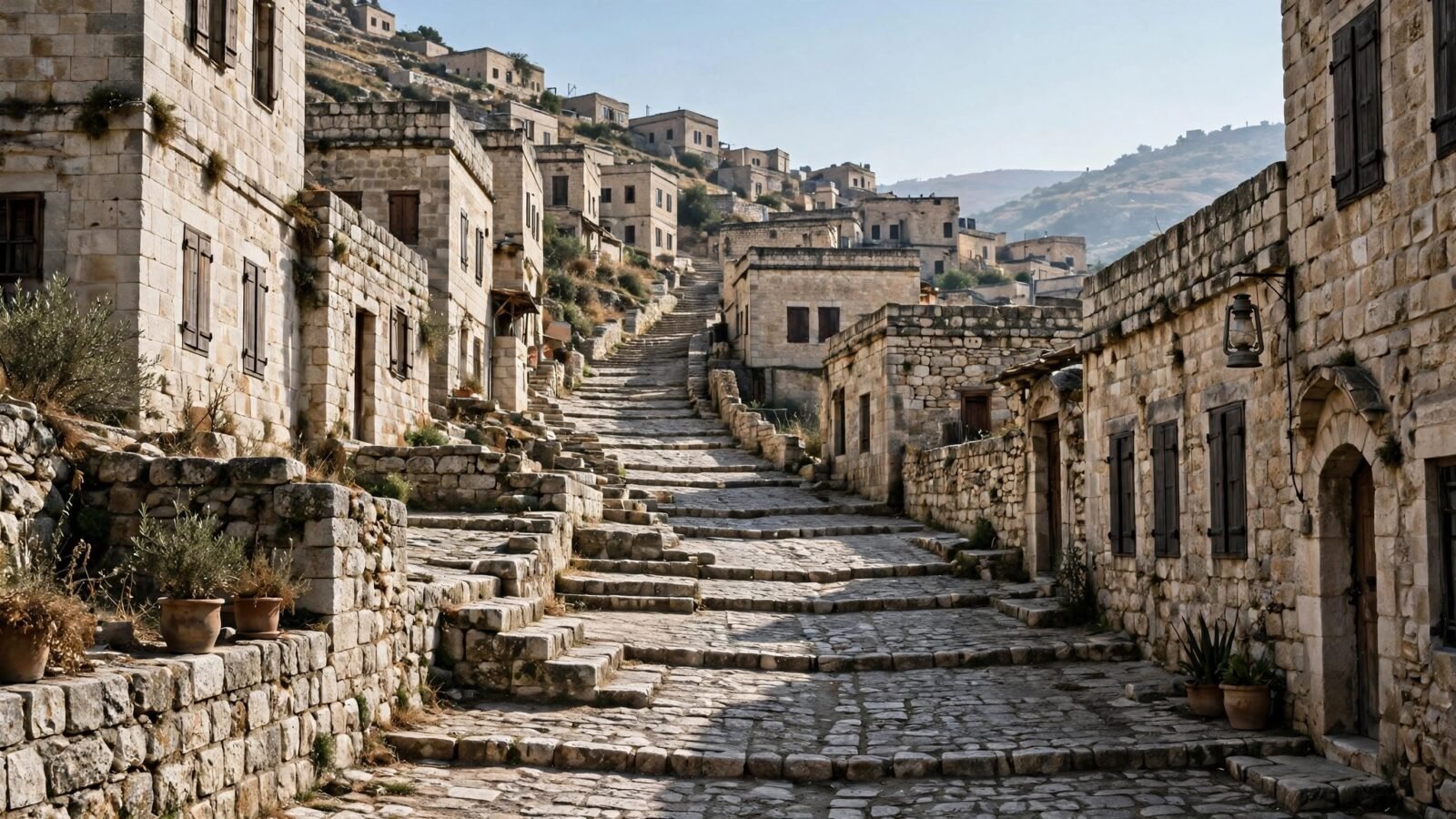 A steep stone stepped street lined with old stone houses on a hillside in daylight.