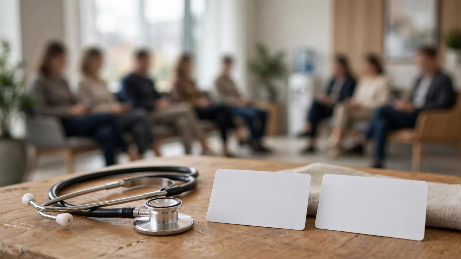 A stethoscope and two blank white insurance cards rest on a wooden table in a doctor's office waiting room, with blurred patients seated in the background