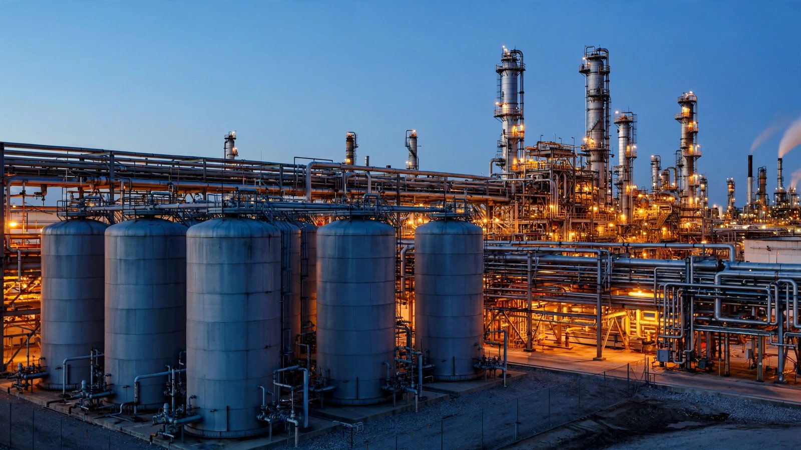 An oil refinery with storage tanks and processing towers lit up at dusk