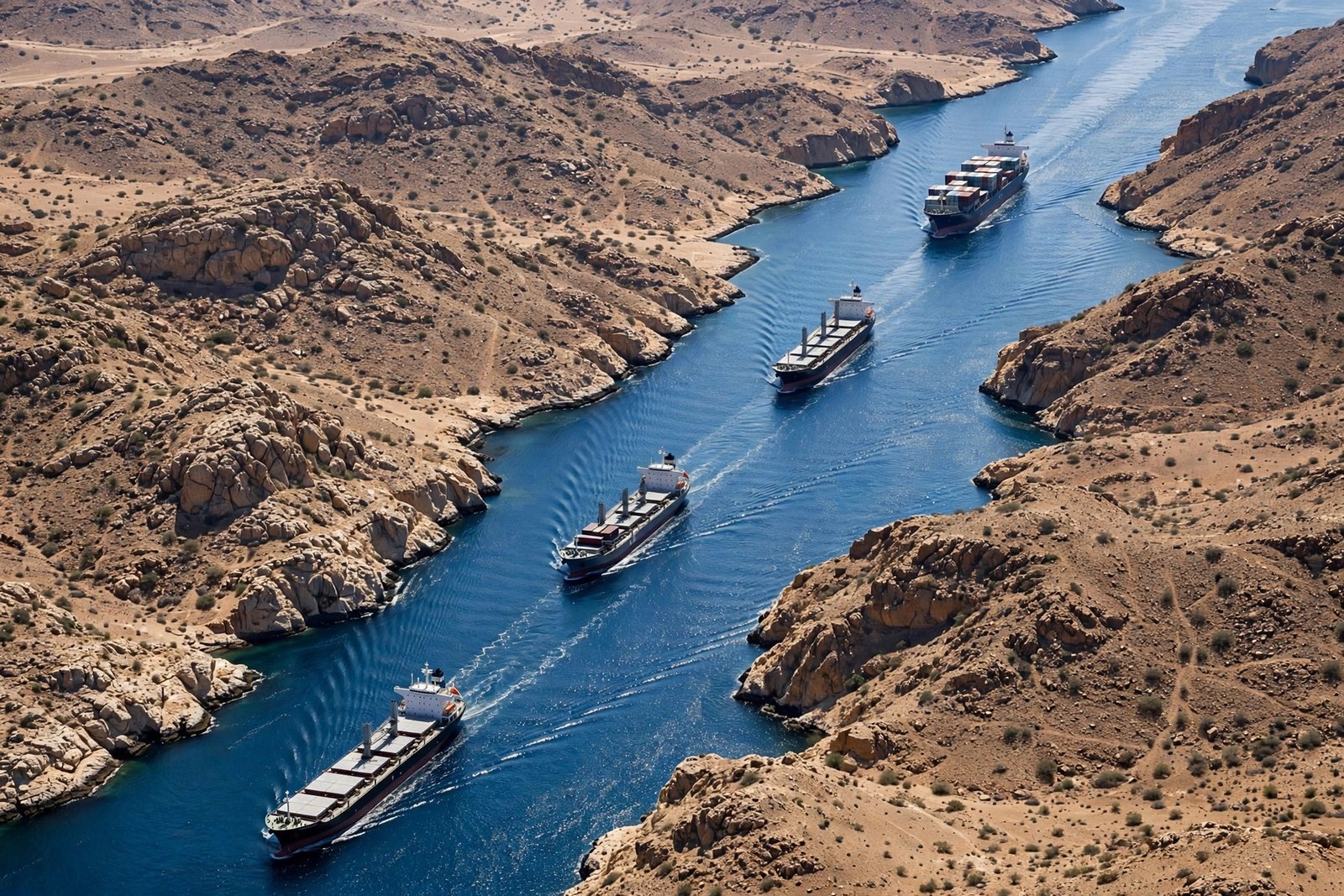 An aerial view of cargo ships transiting a narrow strait between rocky coastlines