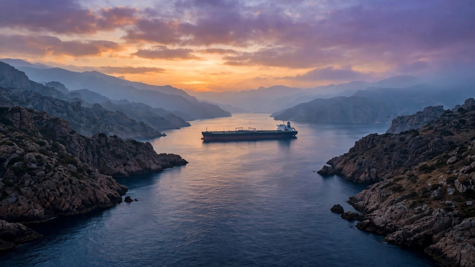A large oil tanker sails through a narrow sea strait between rocky coastlines at dusk.