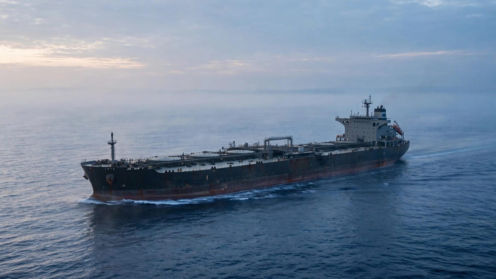 A large oil supertanker sailing on open blue water at dawn