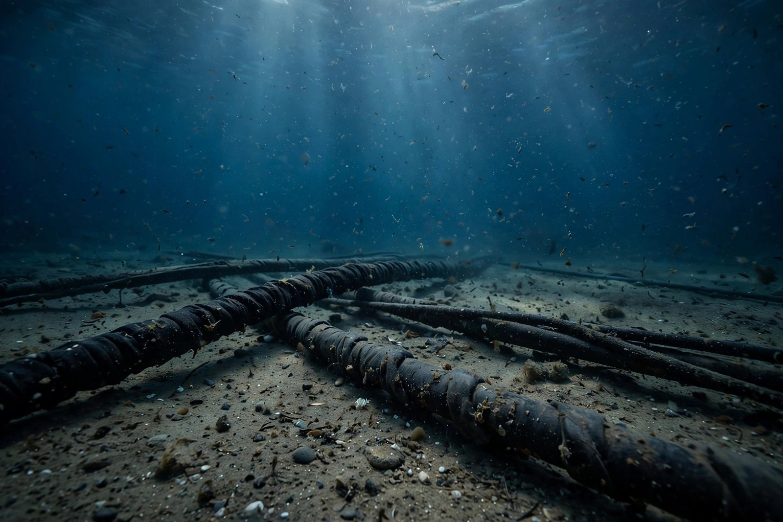 Thick communication cables lying on the seabed in deep blue water