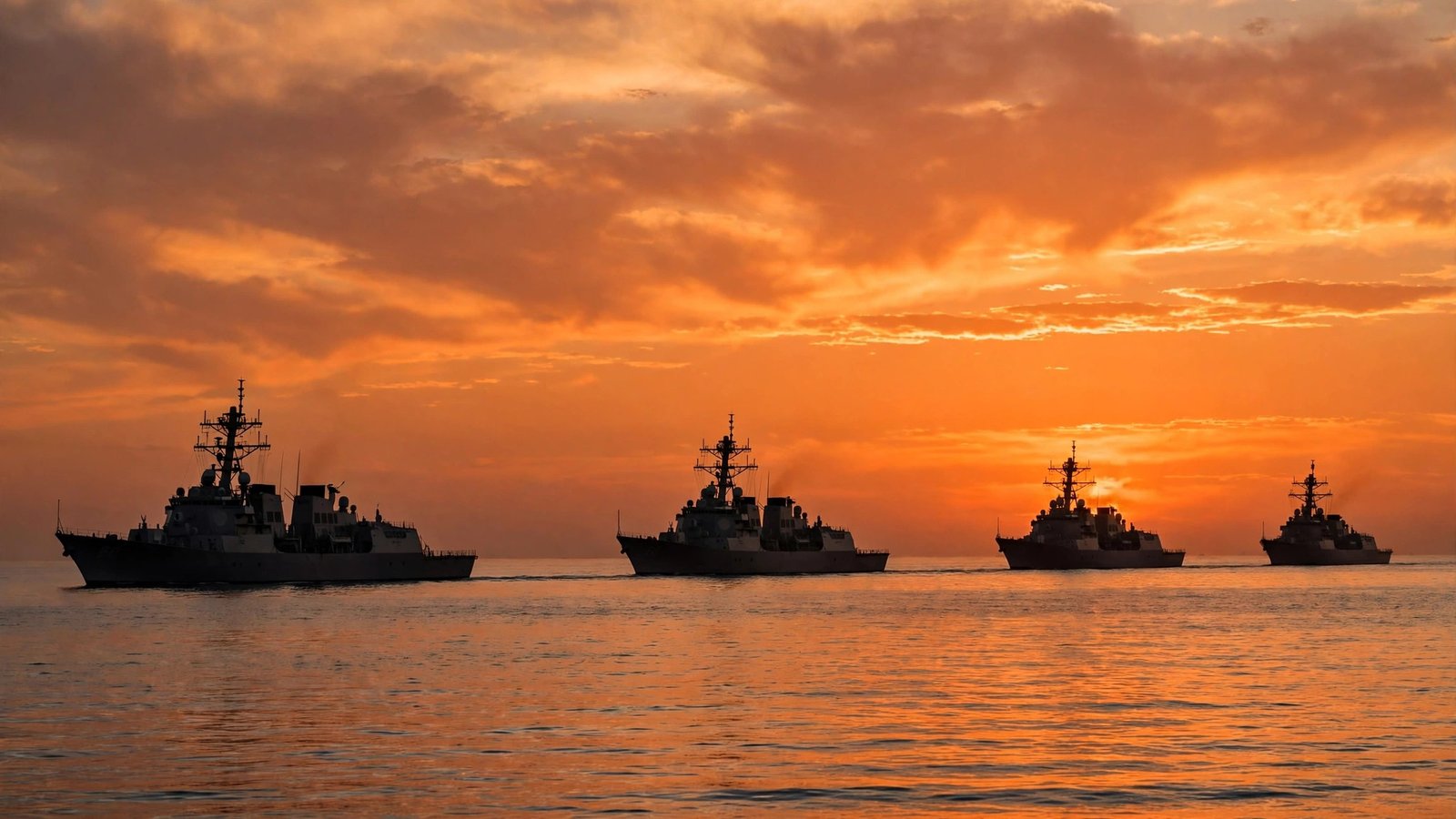Four naval warships steaming in formation on calm water at sunset