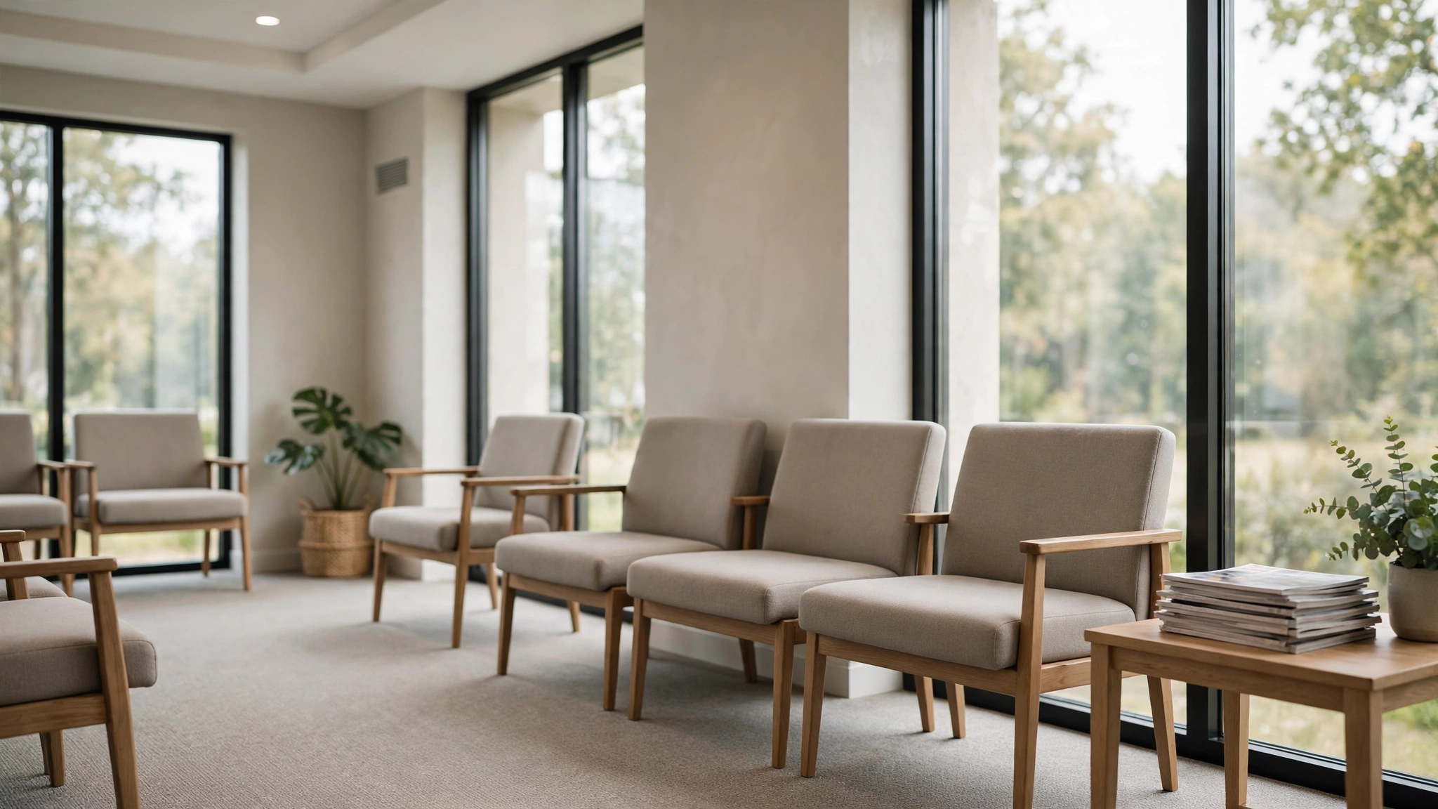 An empty doctor's office waiting room with chairs, large windows, and a side table with magazines