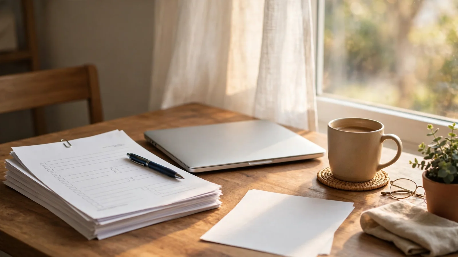 A wooden home-office desk with health insurance enrollment paperwork, a pen, a laptop, and a coffee mug in morning light