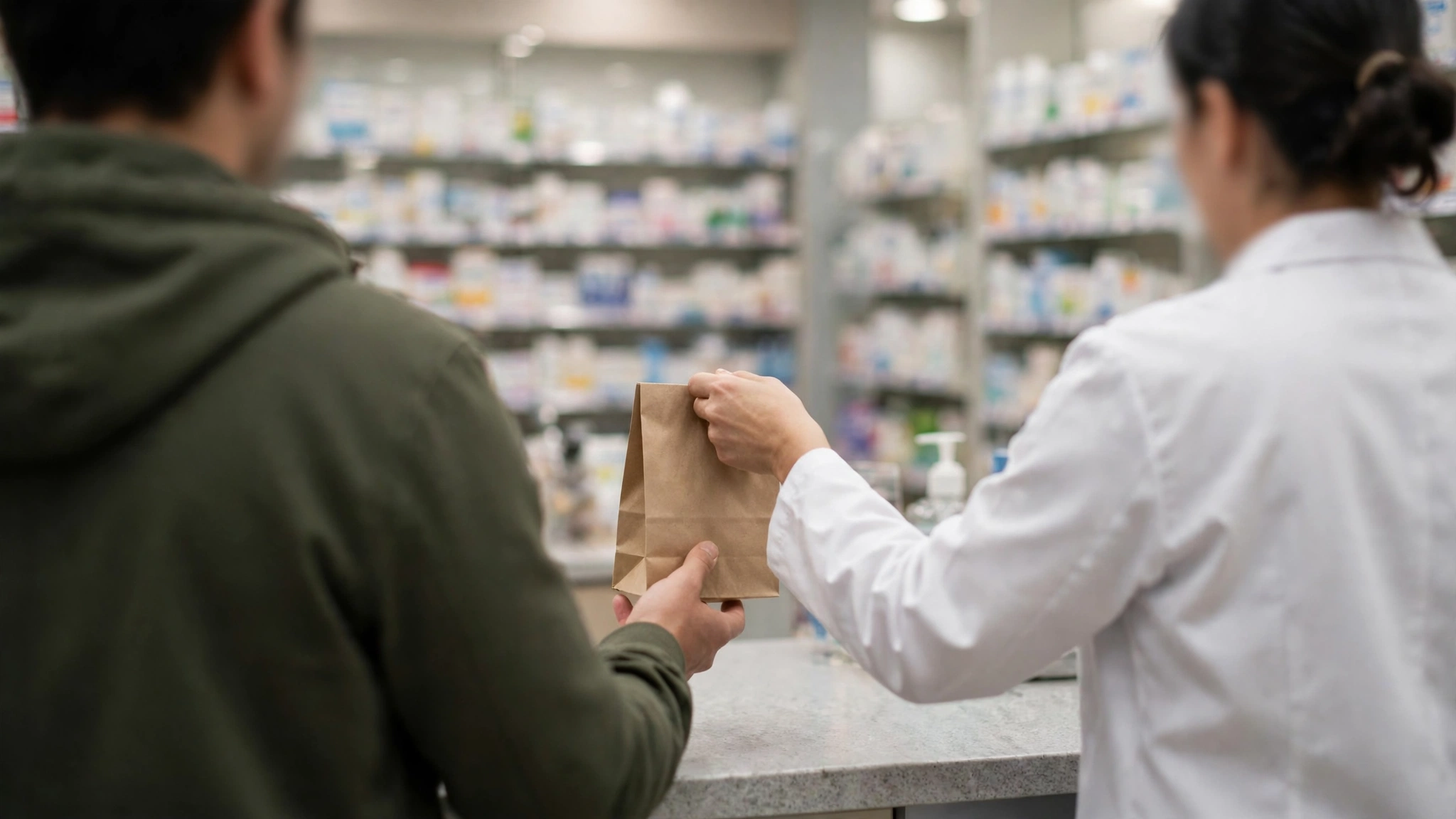 A pharmacist in a white coat hands a brown paper bag to a customer across a pharmacy counter