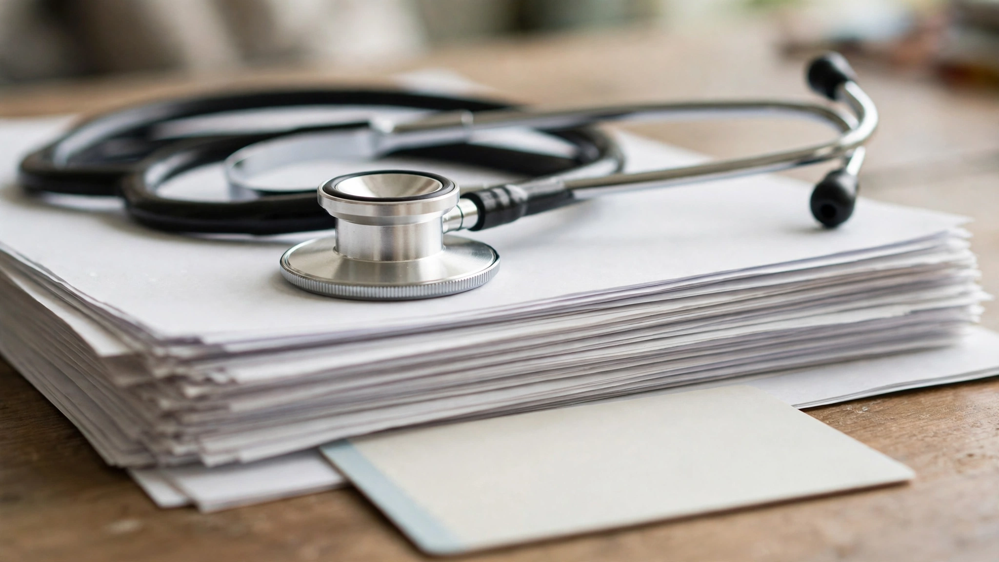 A stethoscope resting on a stack of medical paperwork on a desk