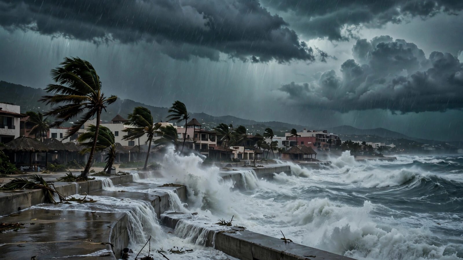 Huge waves crash over a seaside boardwalk in a tropical resort town as dark hurricane clouds unleash heavy rain.