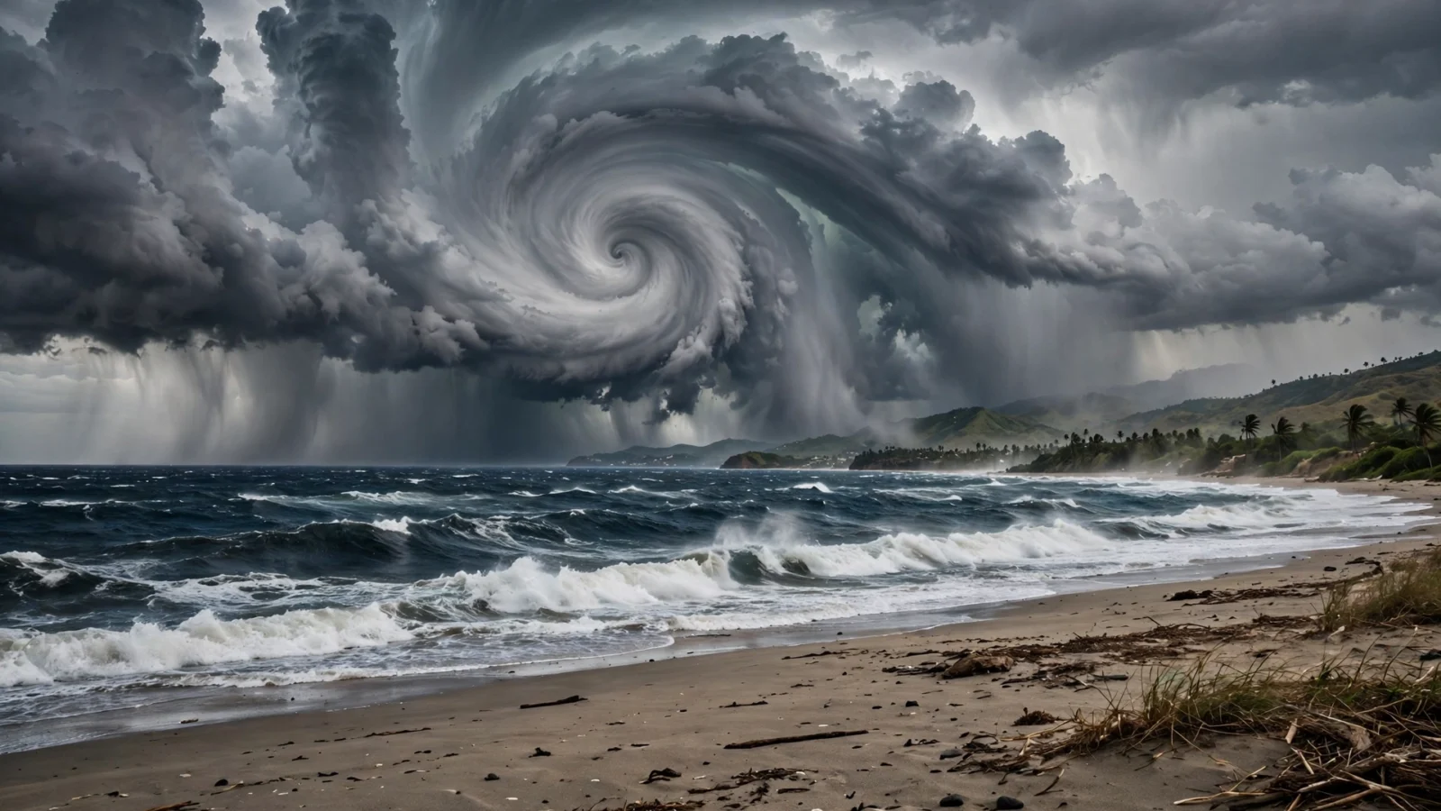 Swirling storm clouds and large waves crashing on a Pacific beach with palm trees as Hurricane Simon approaches Mexico’s coast.