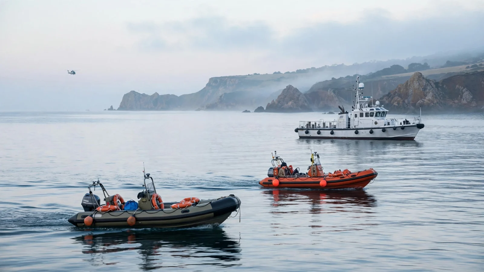 Small rescue boats and a coast guard vessel on calm water at dawn near a rugged coastline, with a search helicopter in the distance.