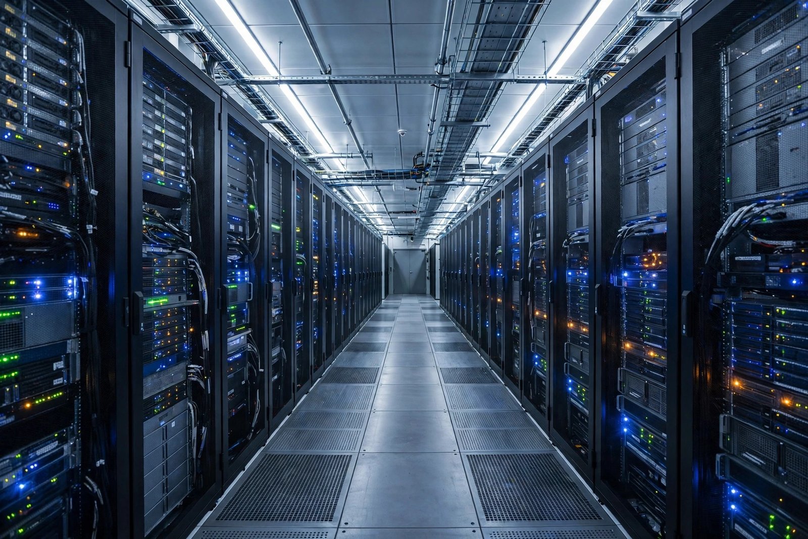 A long corridor between rows of server racks with small indicator lights in a data center