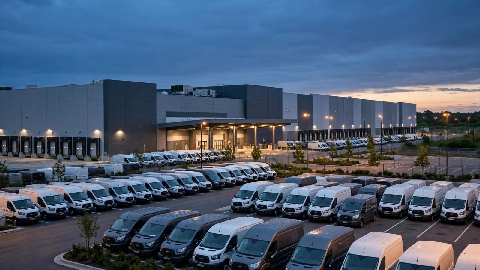 A large distribution warehouse at dusk with rows of white delivery vans parked in front
