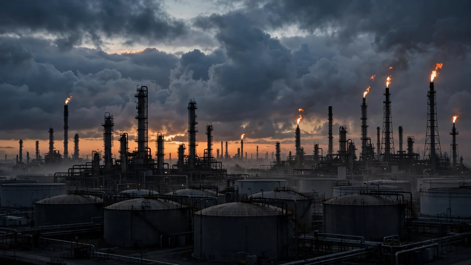 An oil refinery with storage tanks and flare stacks silhouetted at dusk under a cloudy sky.