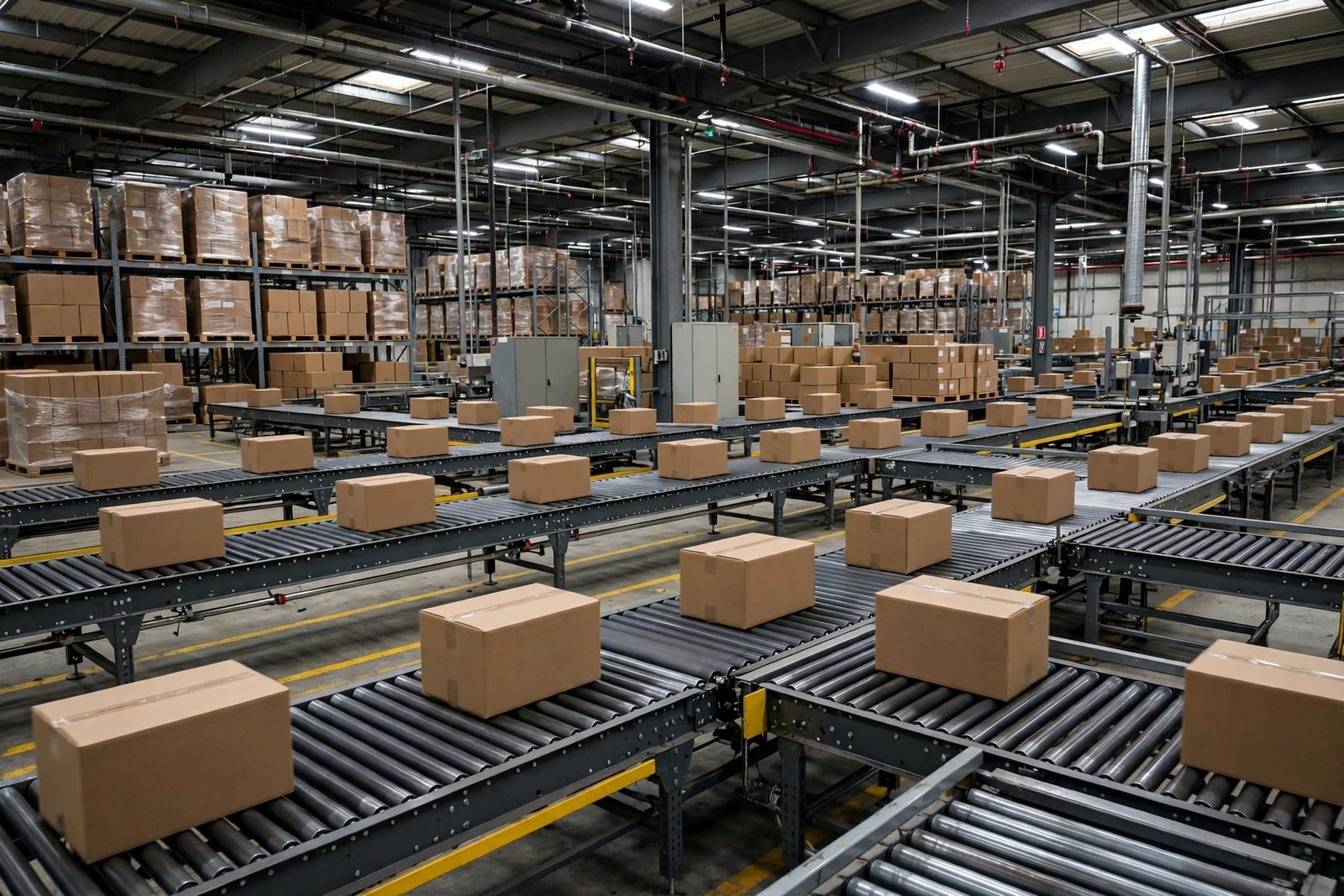 Cardboard boxes on conveyor belts inside a large warehouse