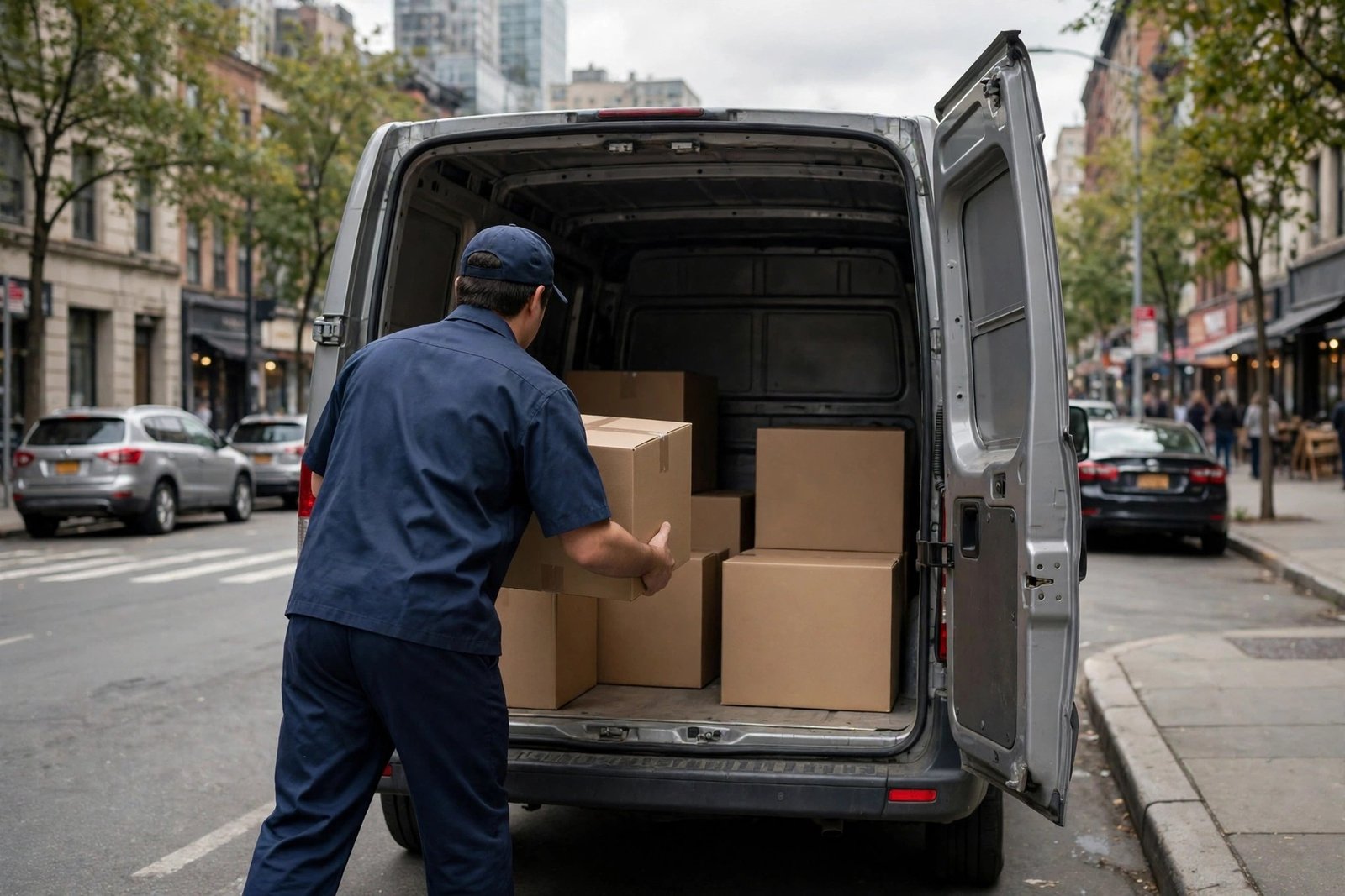 A delivery worker in a dark uniform loading cardboard boxes into the back of a gray van on a city street