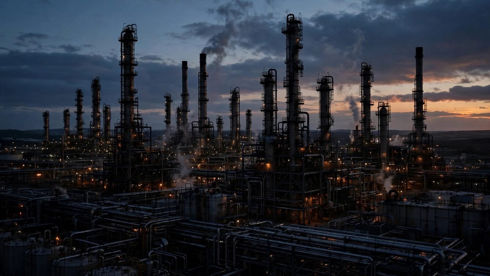 An oil refinery at dusk with tall distillation towers and pipes