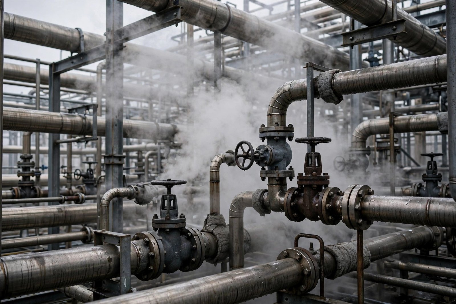 Metal pipes and valves with steam at an industrial refinery plant