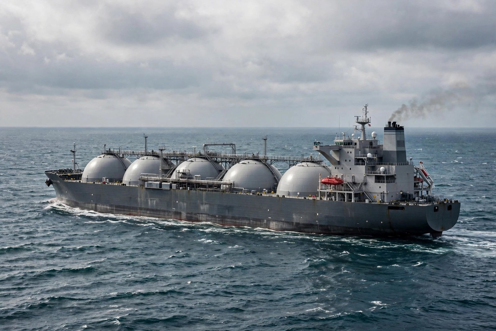 A large gas tanker ship with round storage tanks sailing on open water