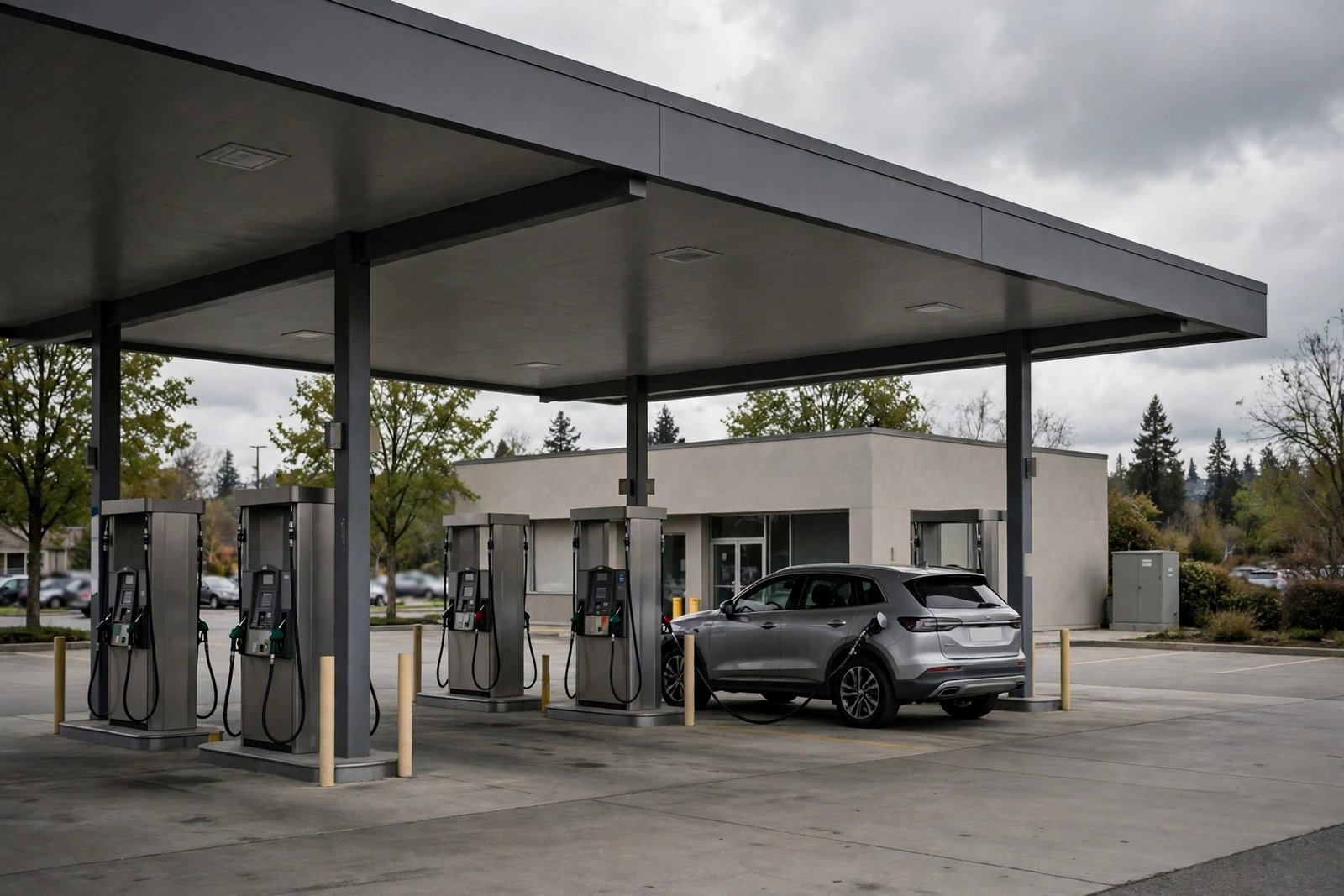 A silver car at a fuel pump under the canopy of an unbranded gas station