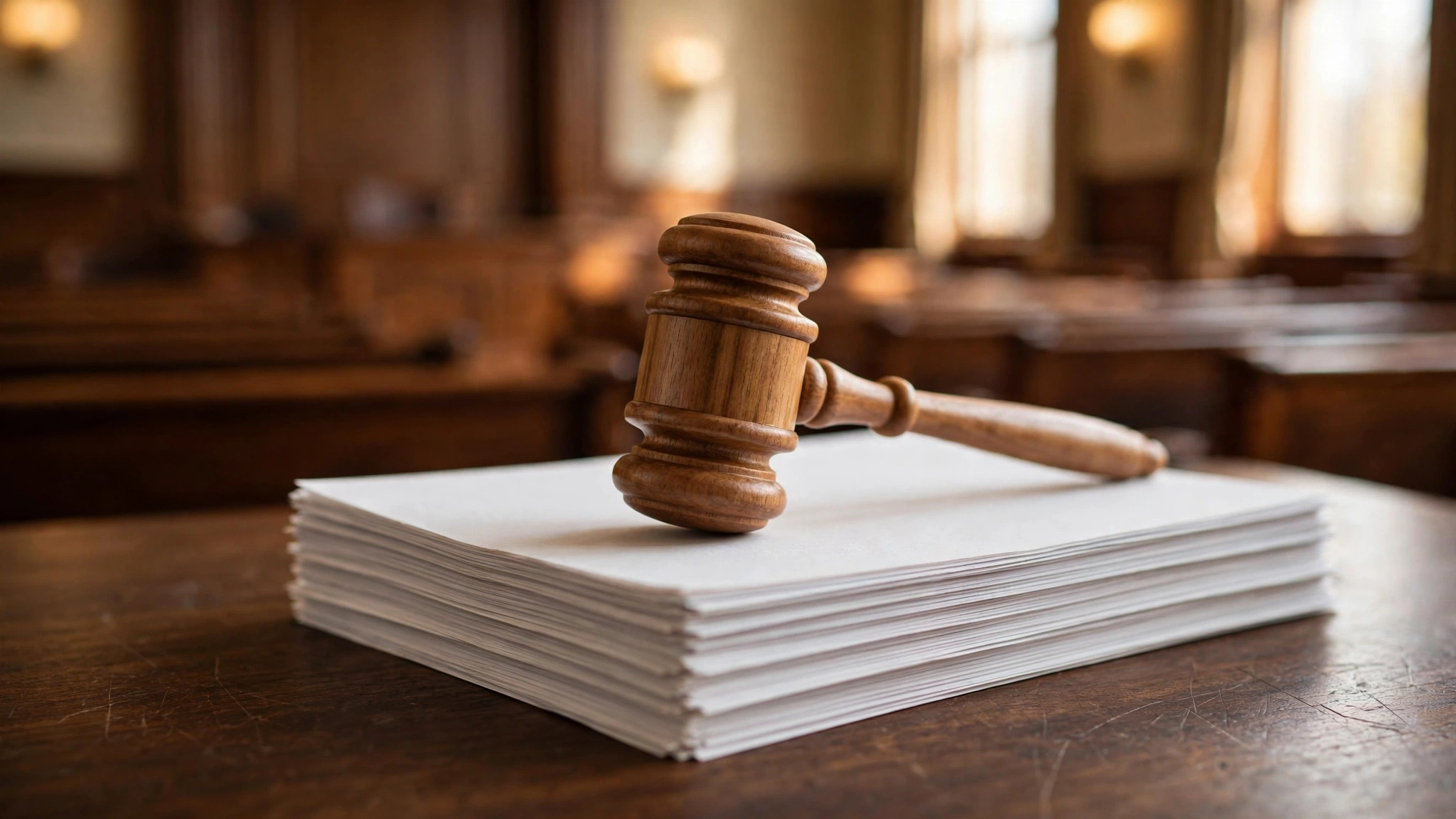 A wooden gavel resting on a stack of blank legal documents on a dark wood courtroom desk
