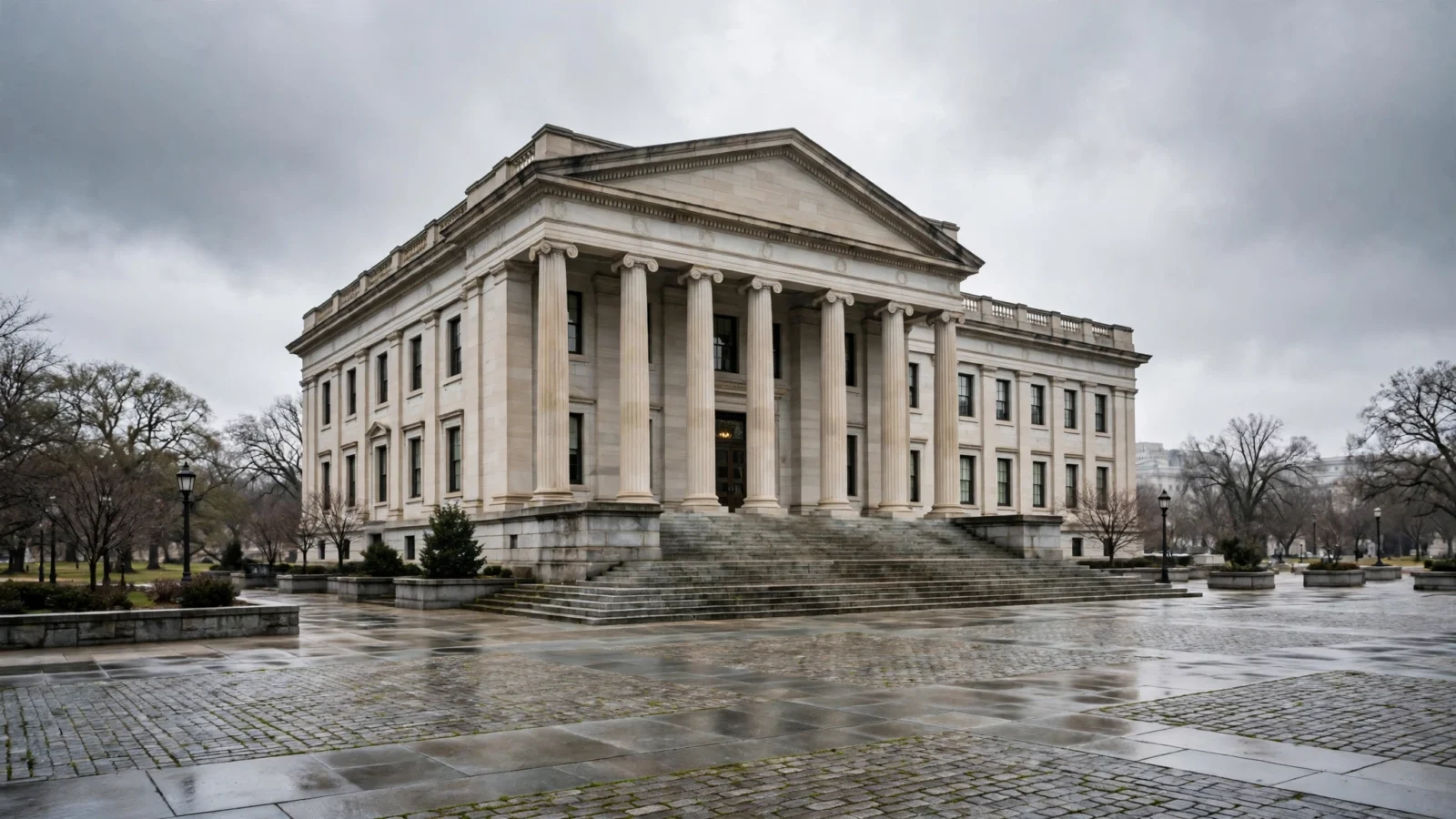 Exterior of a neoclassical federal courthouse with tall stone columns under an overcast sky