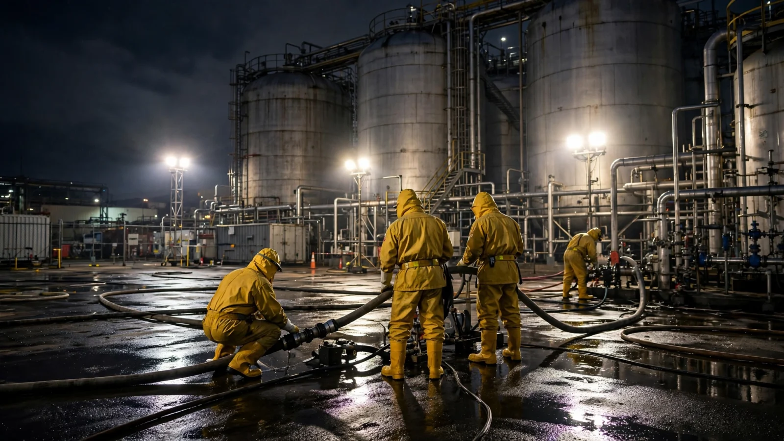 Emergency responders in yellow hazmat suits working with hoses near large industrial chemical storage tanks at night