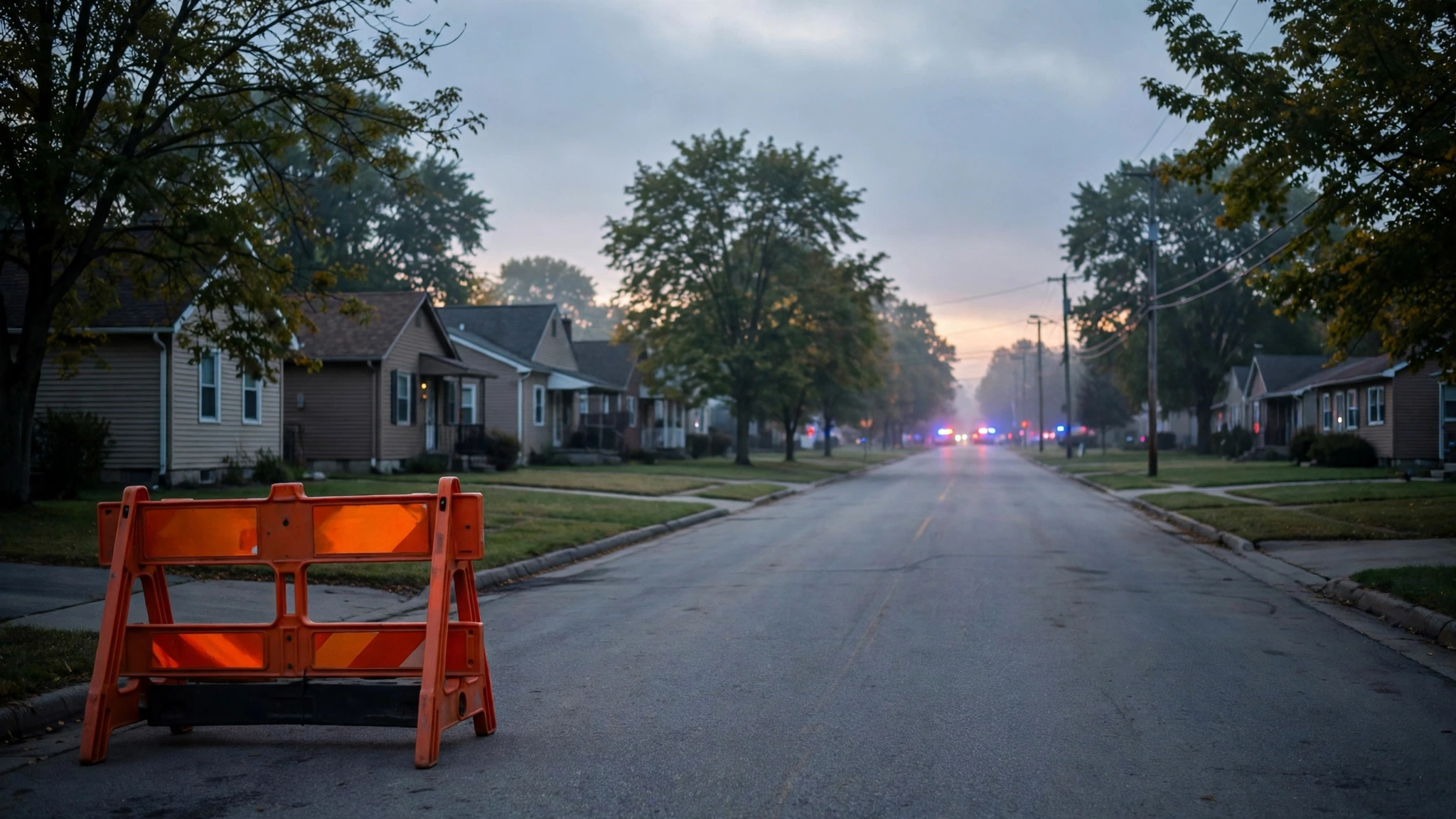 An orange traffic barricade blocking a quiet residential street at dawn, with emergency vehicle lights glowing in the distance