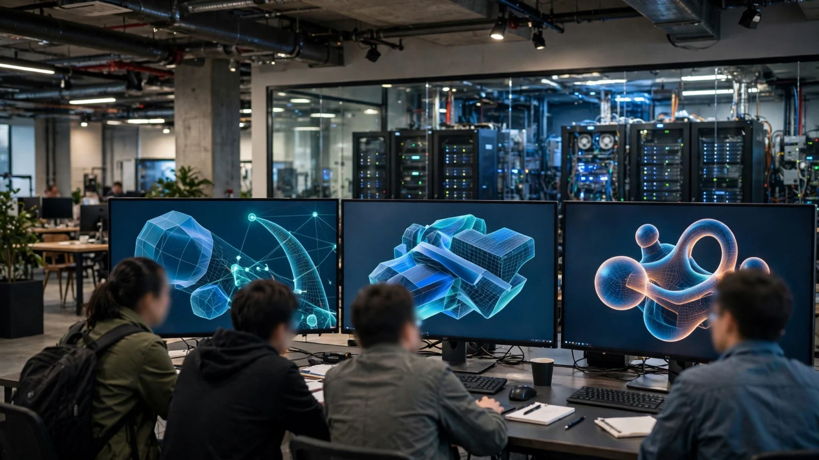 Engineers at desks looking at abstract three-dimensional product models on computer monitors