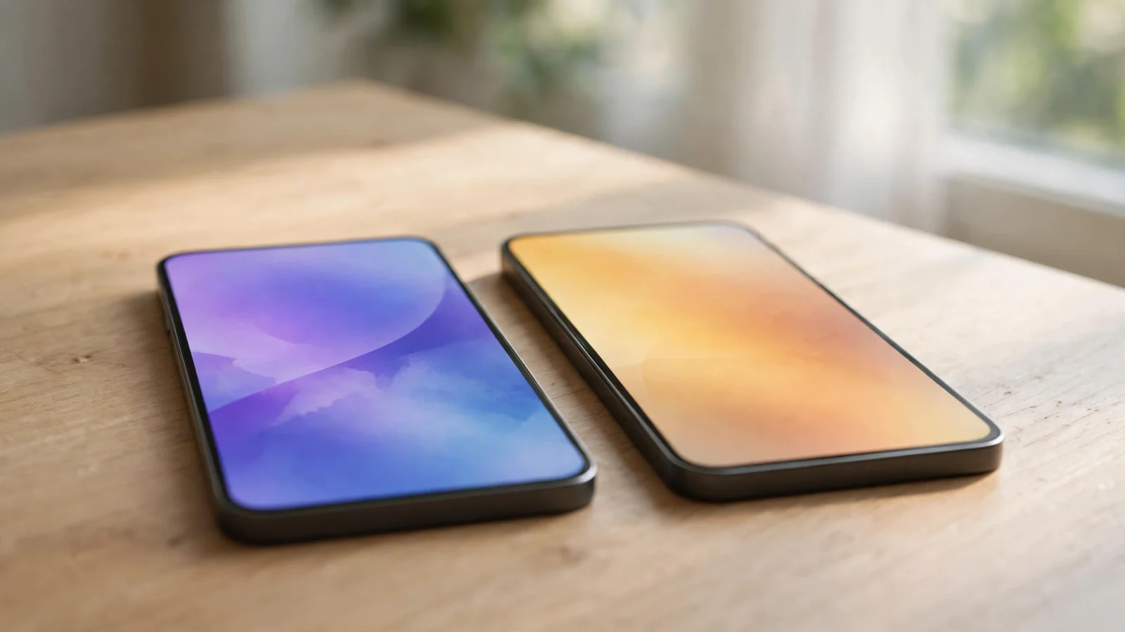 Two modern smartphones lying side by side on a light wooden desk with abstract wallpapers on their screens