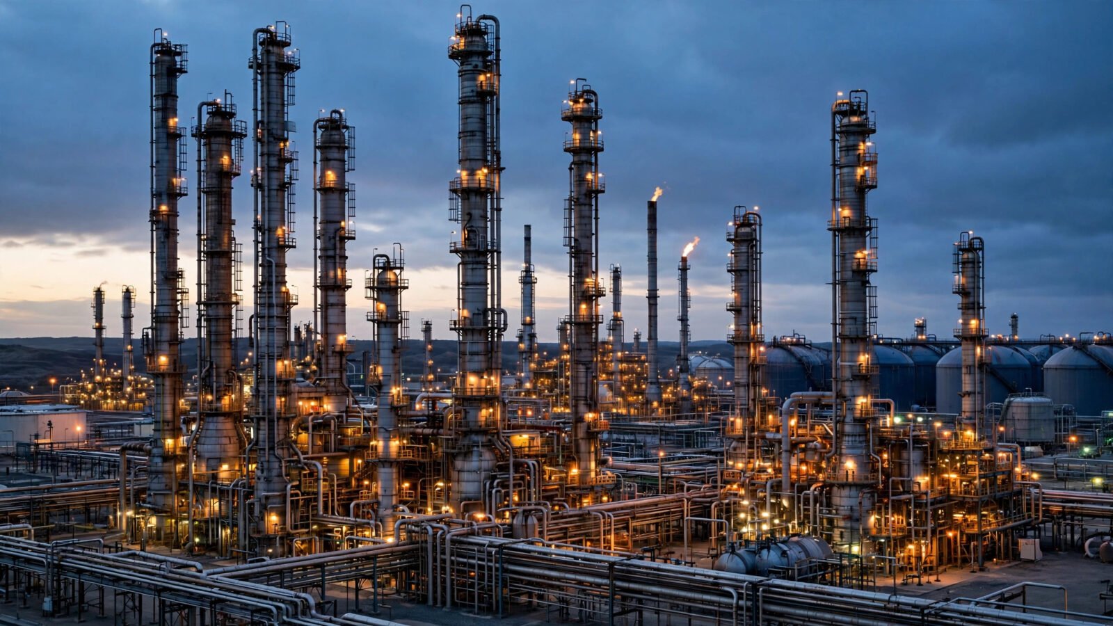 Oil refinery with illuminated distillation towers at dusk