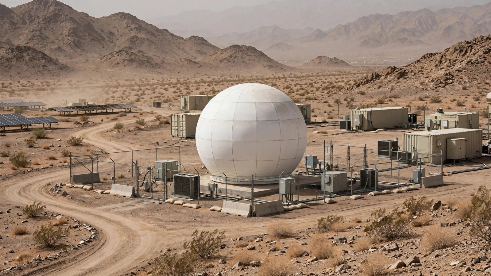 White military radar dome in an arid desert landscape