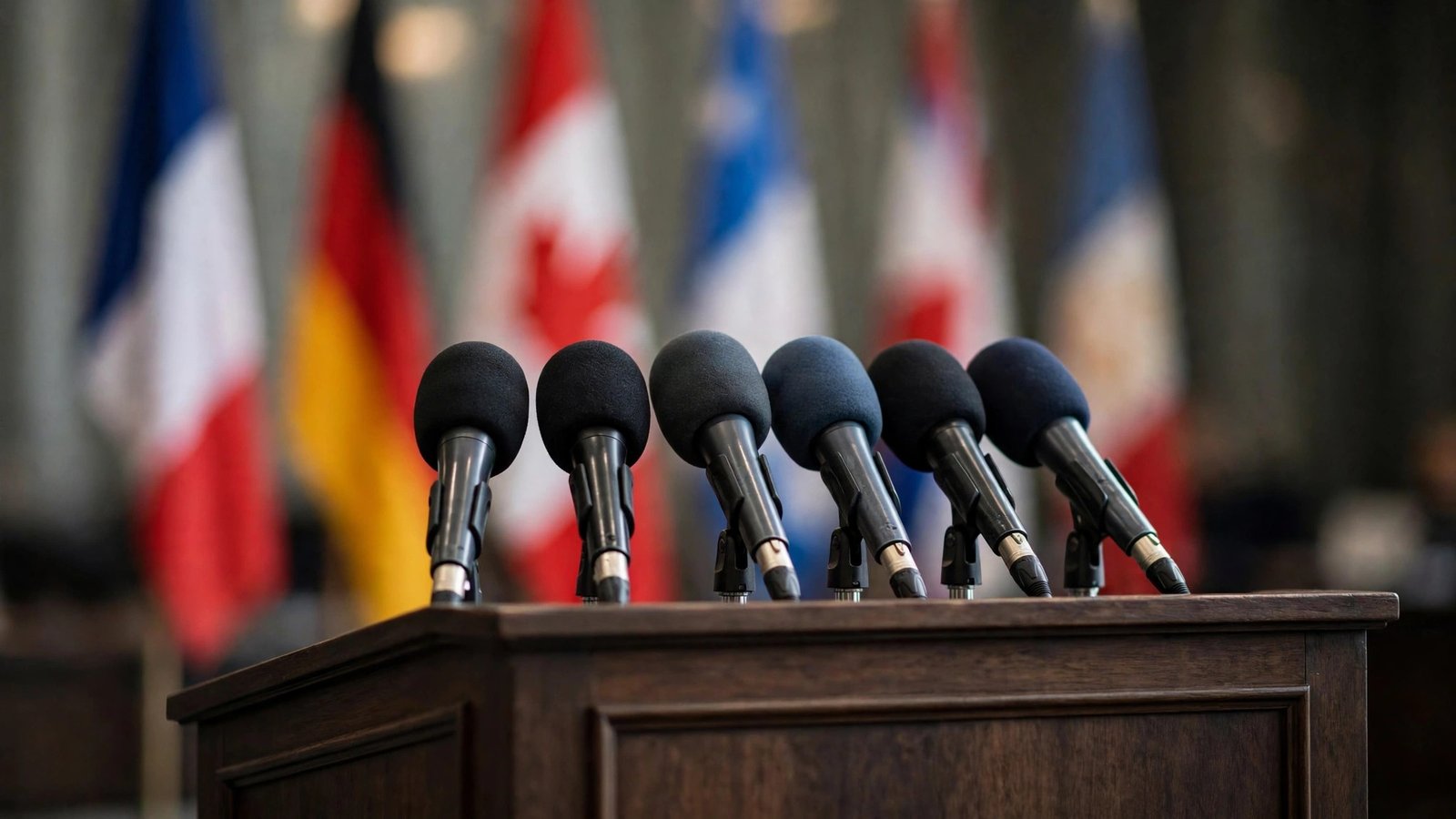 Row of press microphones on a podium with blurred national flags behind