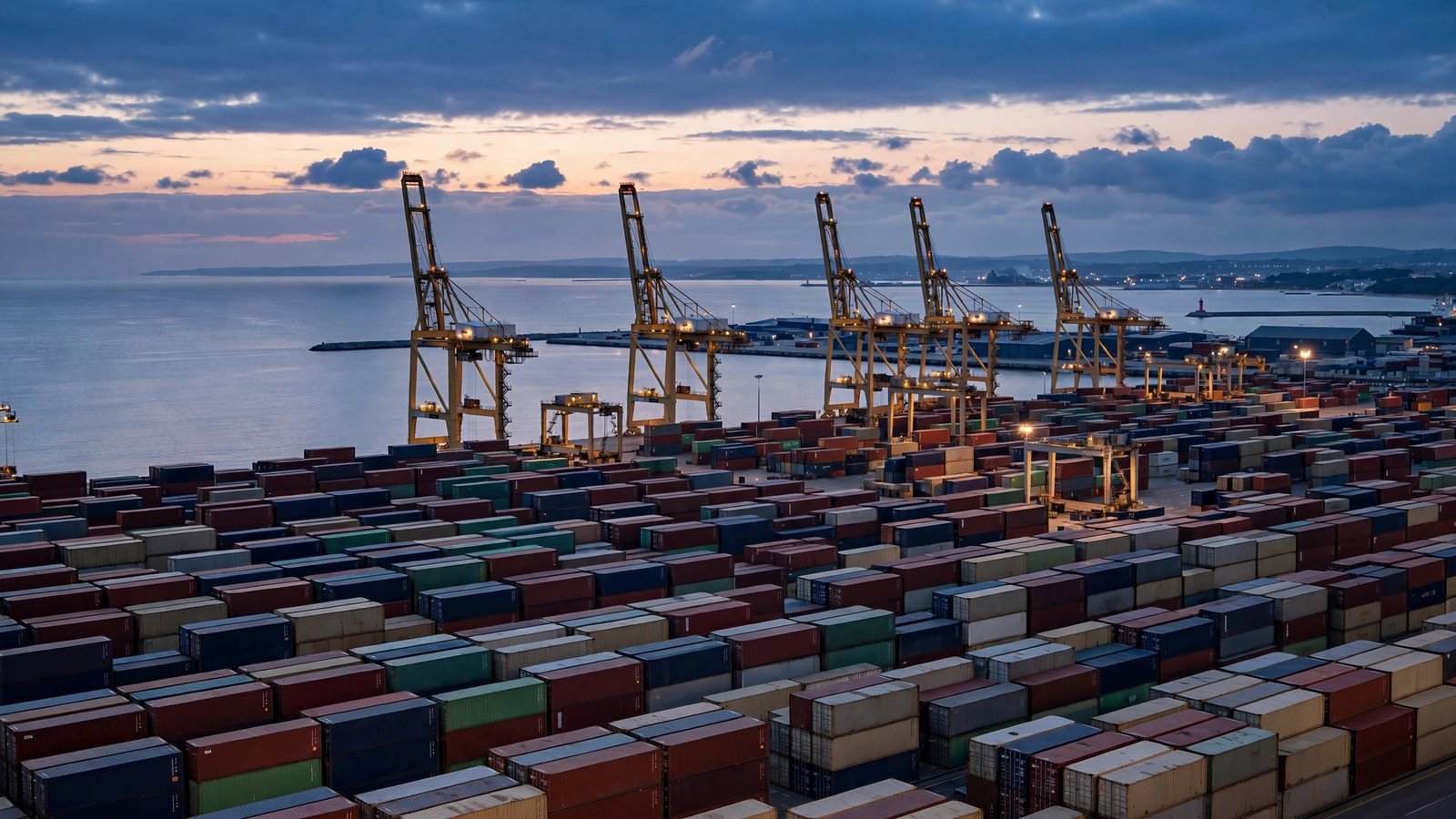 Container port with shipping cranes and stacked containers at dusk