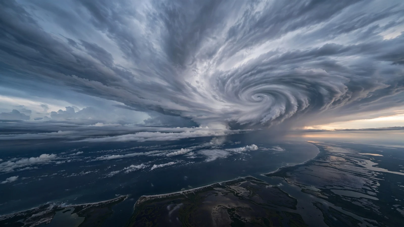 A large spiral tropical storm system swirling over dark Gulf waters as it approaches a low-lying coastline at dawn