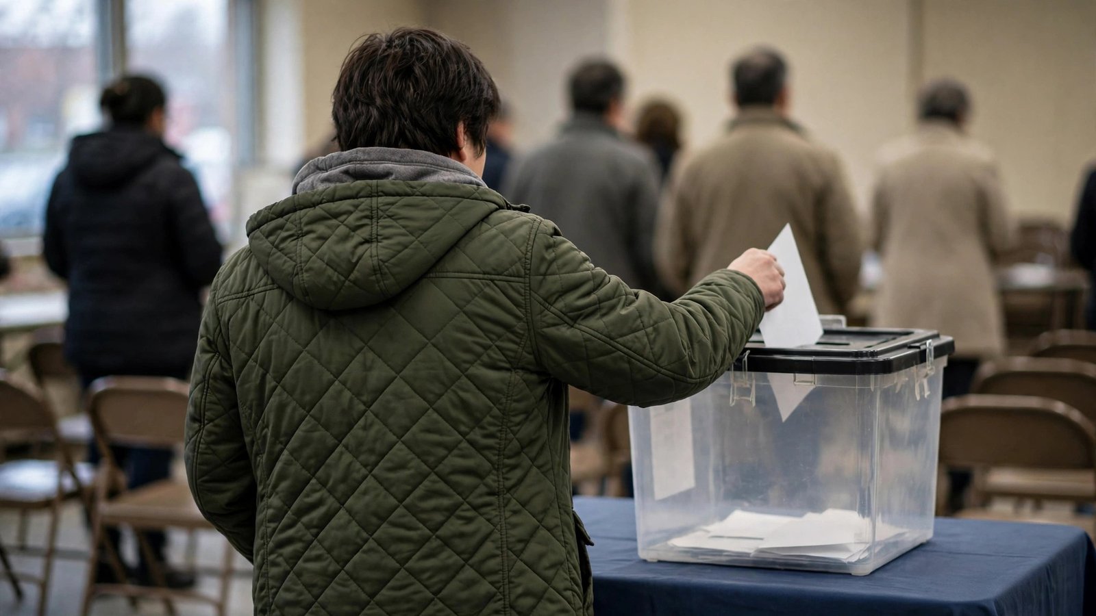 A voter seen from behind placing a blank paper ballot into a clear ballot box in a polling station.
