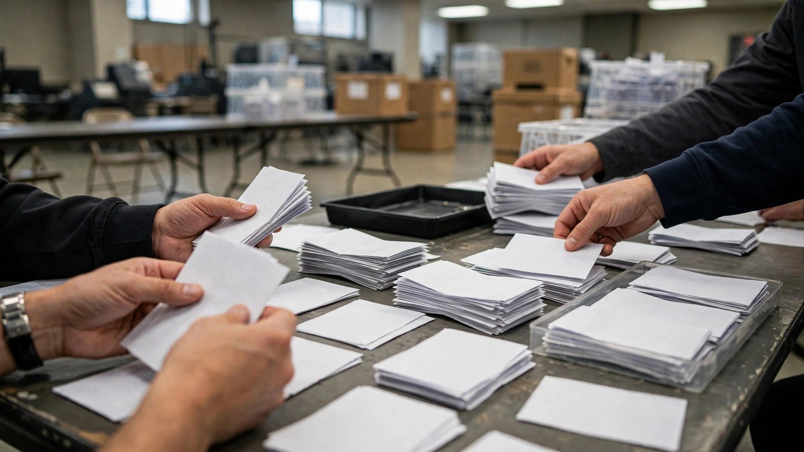Hands sorting stacks of blank paper ballots on a table in a counting hall.