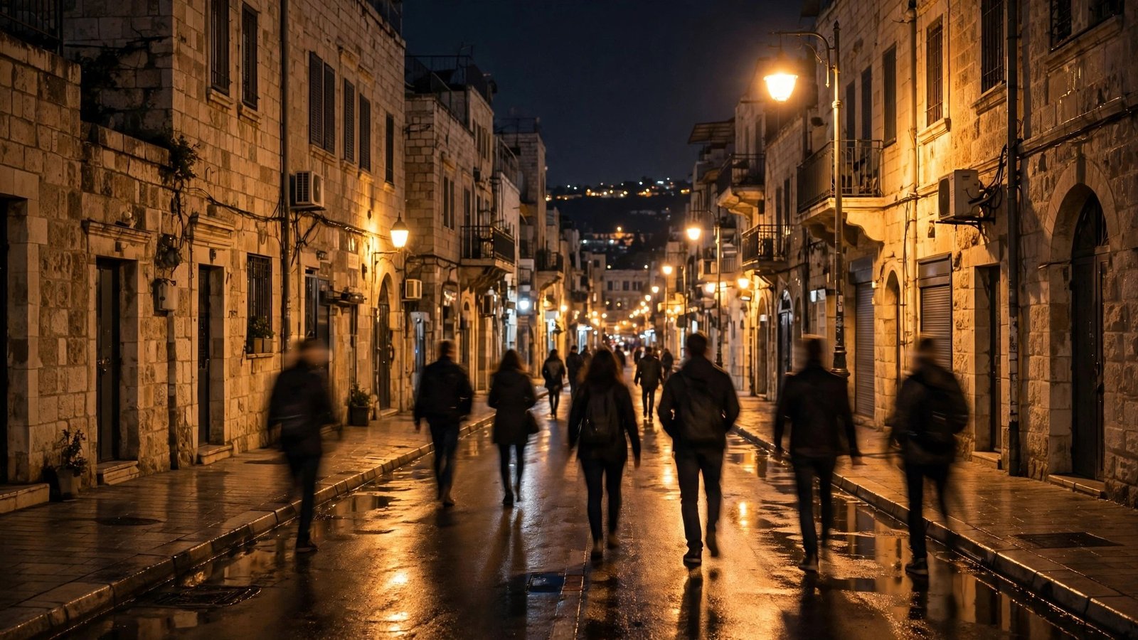 People walking away from the camera down a stone street at night under warm street lights.