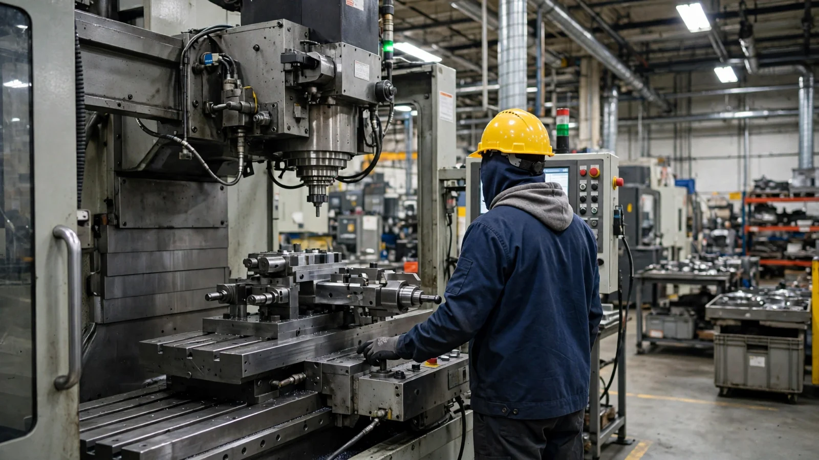 A worker in a yellow hard hat operating industrial machining equipment on a factory floor