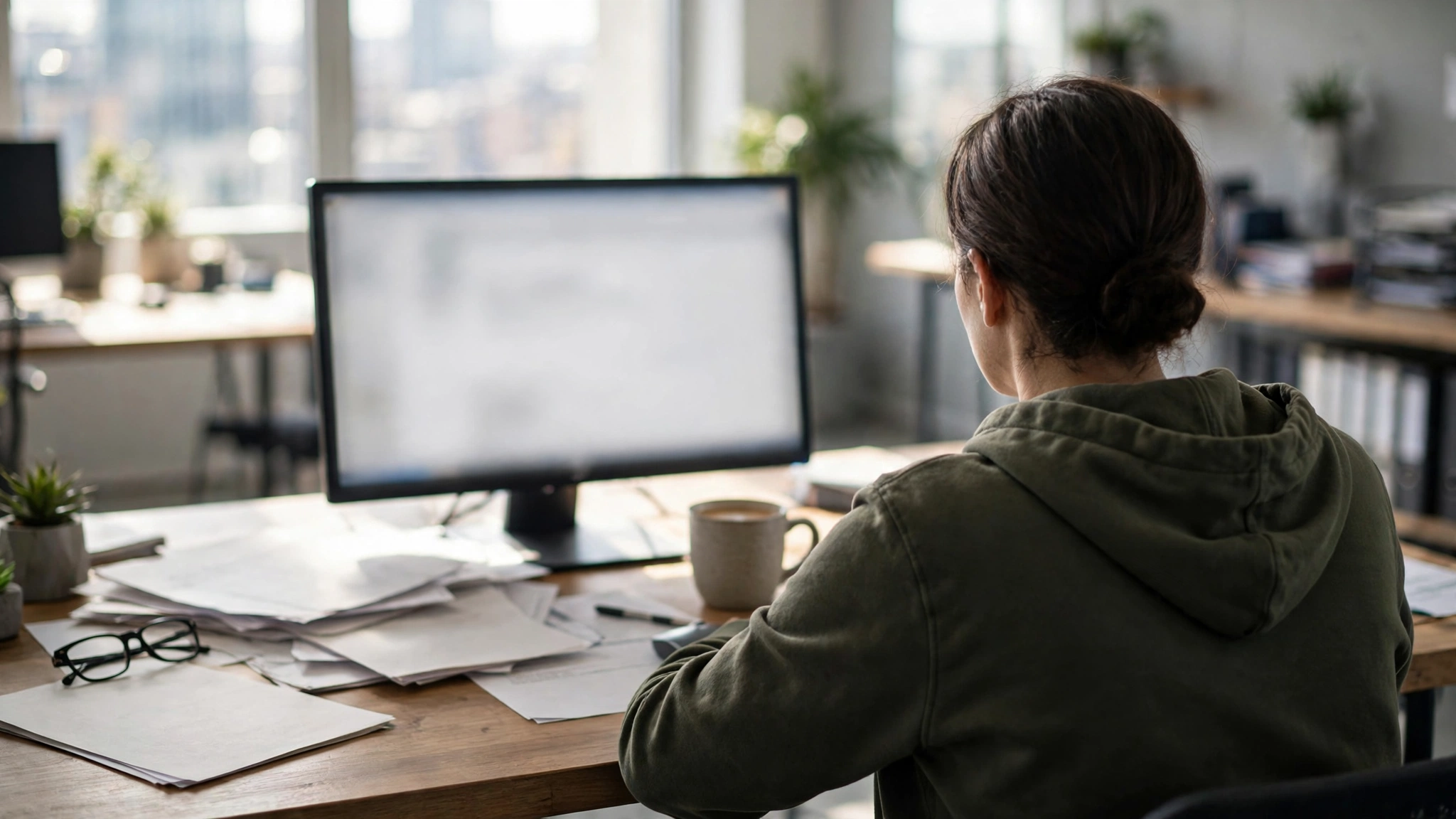 A person seen from behind working at a desk with a computer and paperwork in a bright office