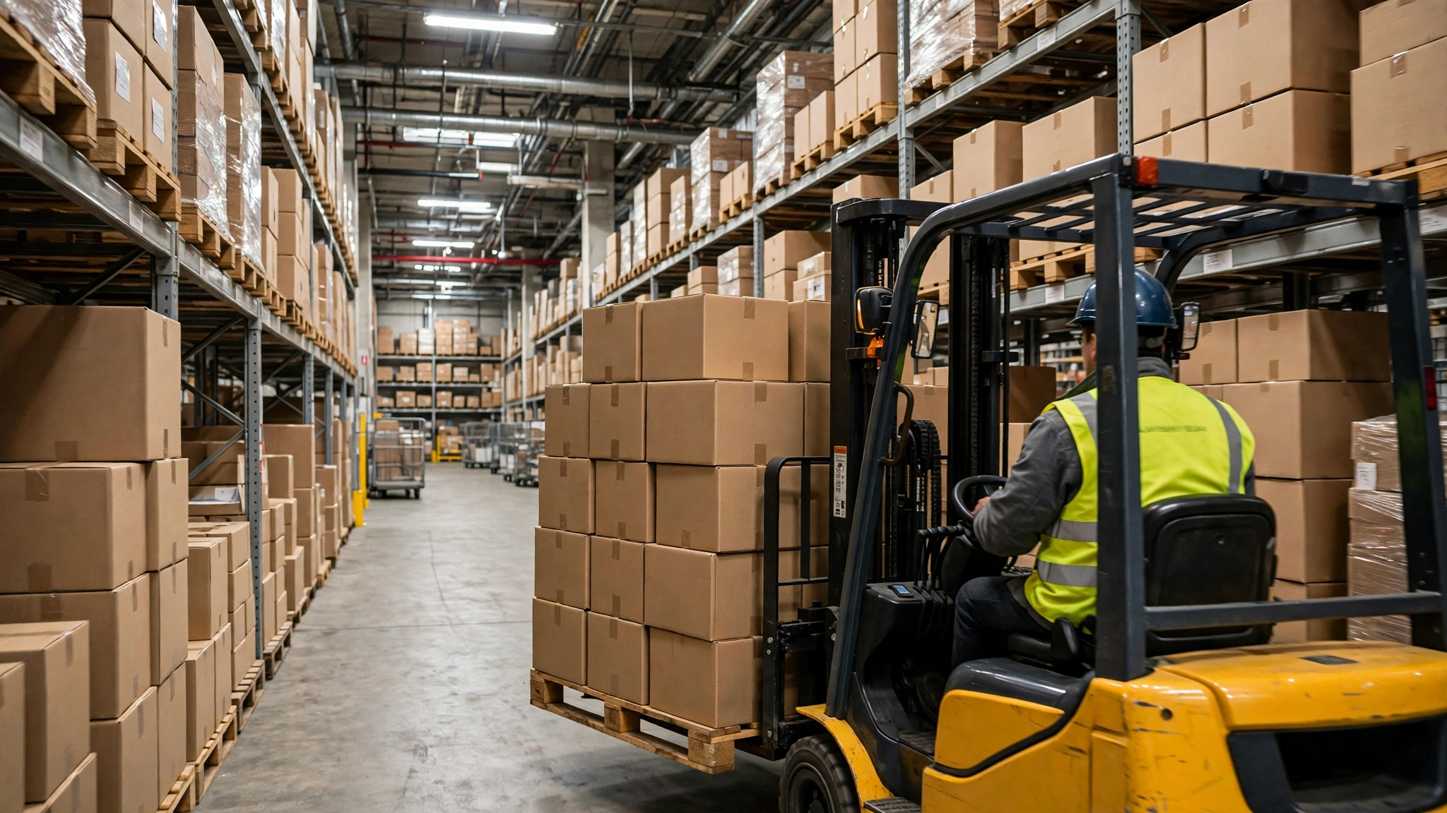 A forklift driver in a safety vest moving pallets of boxes through a large distribution warehouse