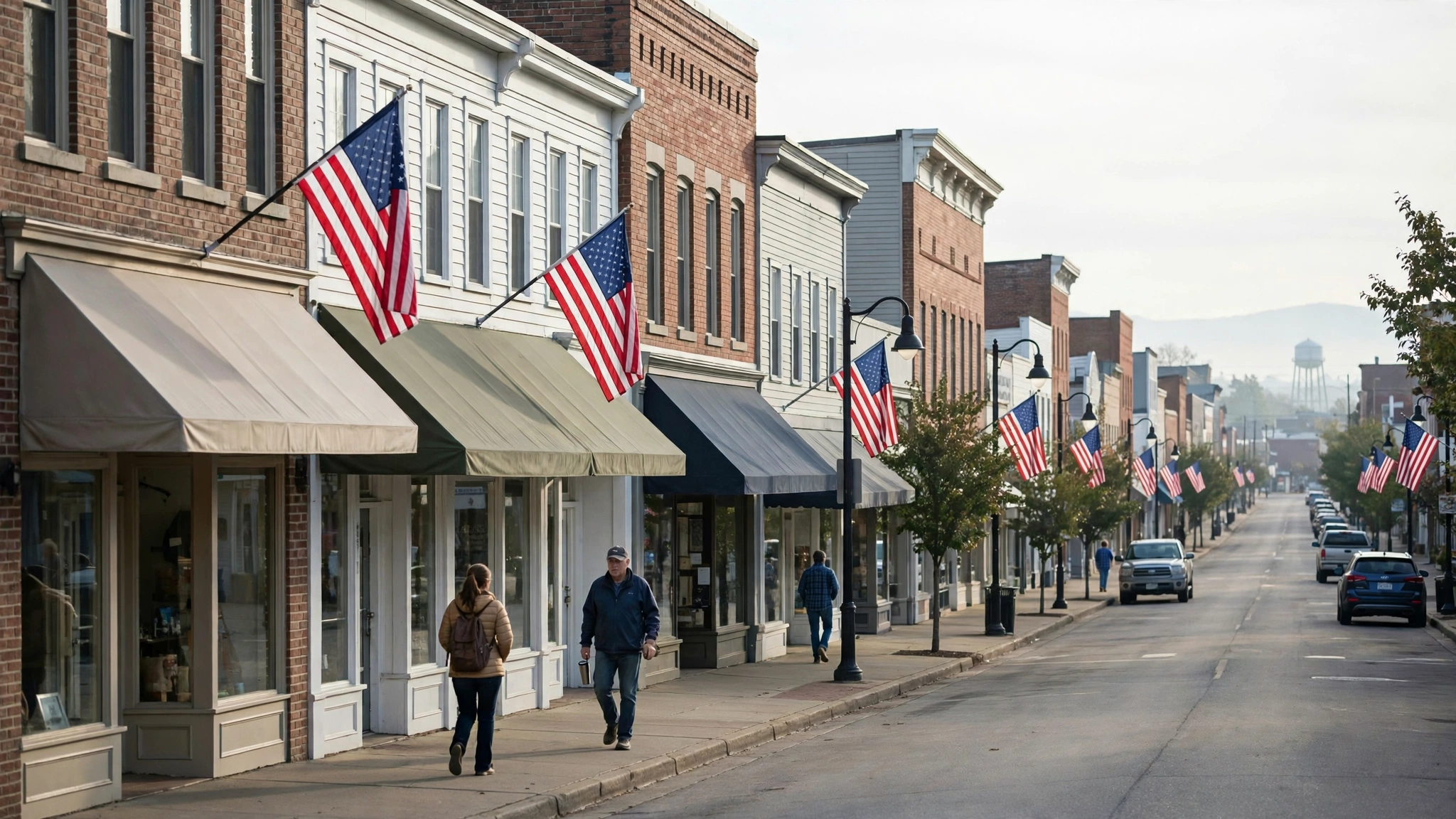 A small-town American main street with storefronts and American flags on poles in morning light