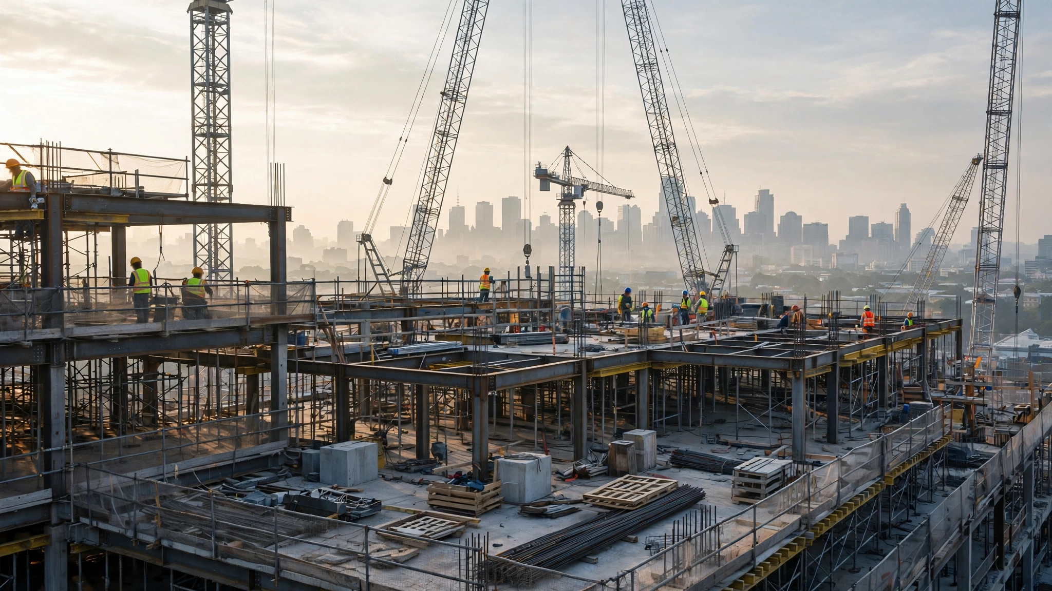 Construction workers on a steel-frame building site with tower cranes and a city skyline behind