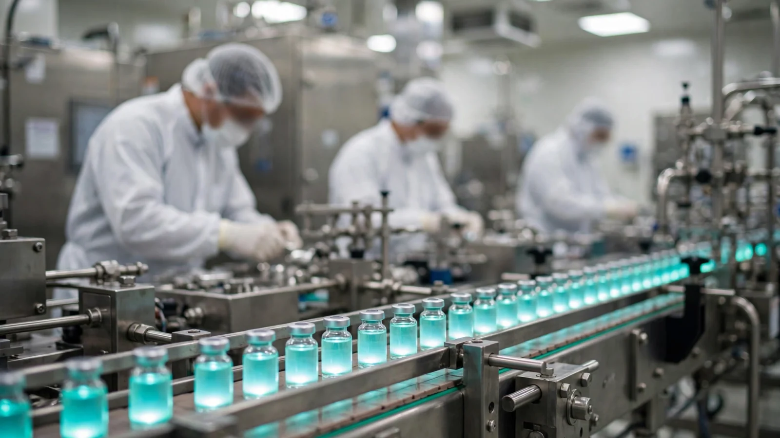 Technicians in white sterile suits and hairnets work at a stainless steel vial production line in a pharmaceutical cleanroom